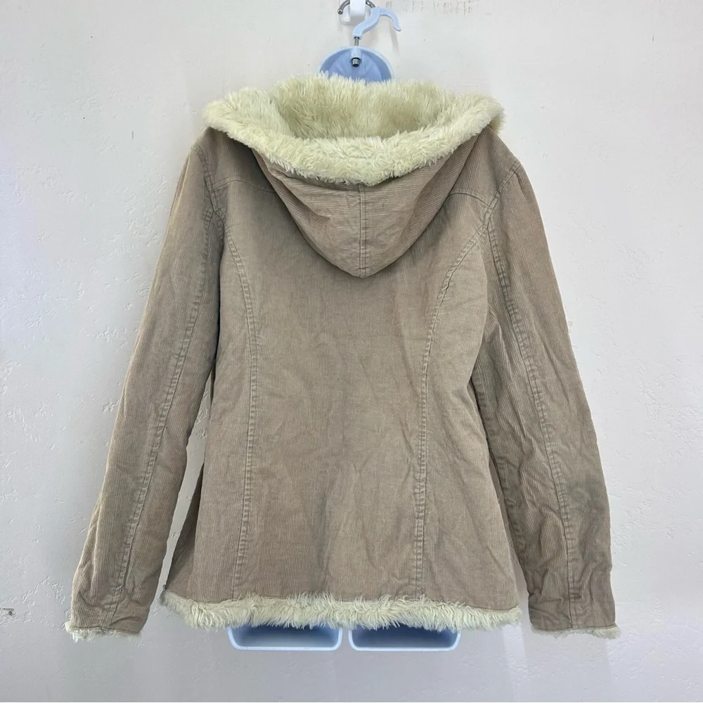Deb Vintage 90s Y2K Tan Corduroy Jacket with Cream Faux Fur Trim L/XL